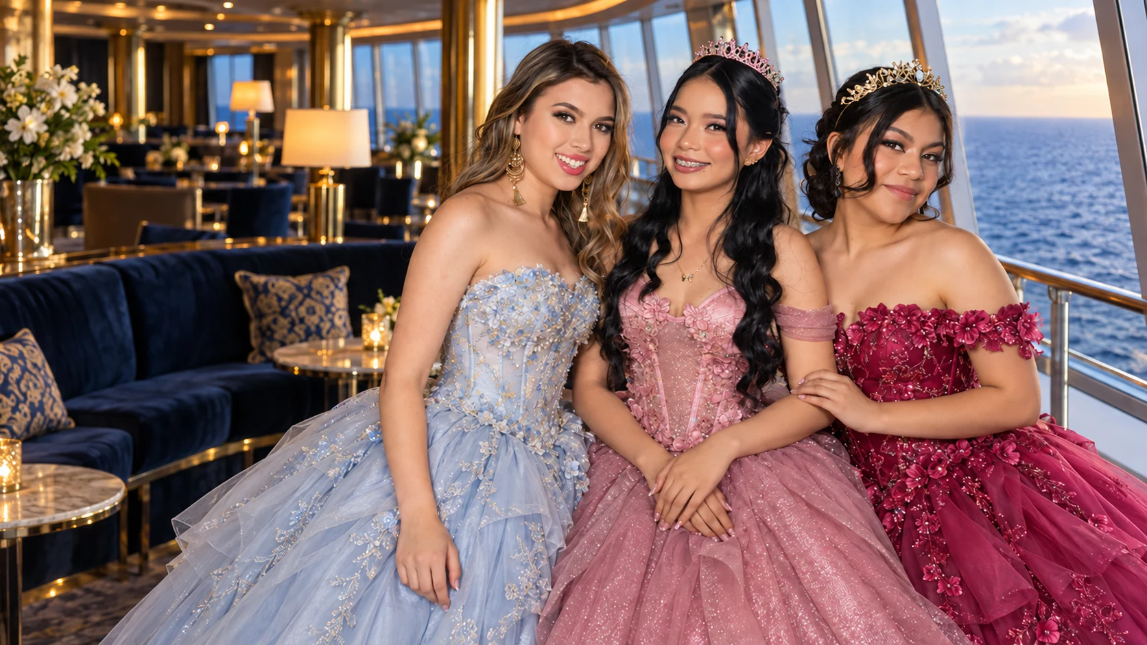 AI-generated concept of three distinct quinceañeras celebrating together