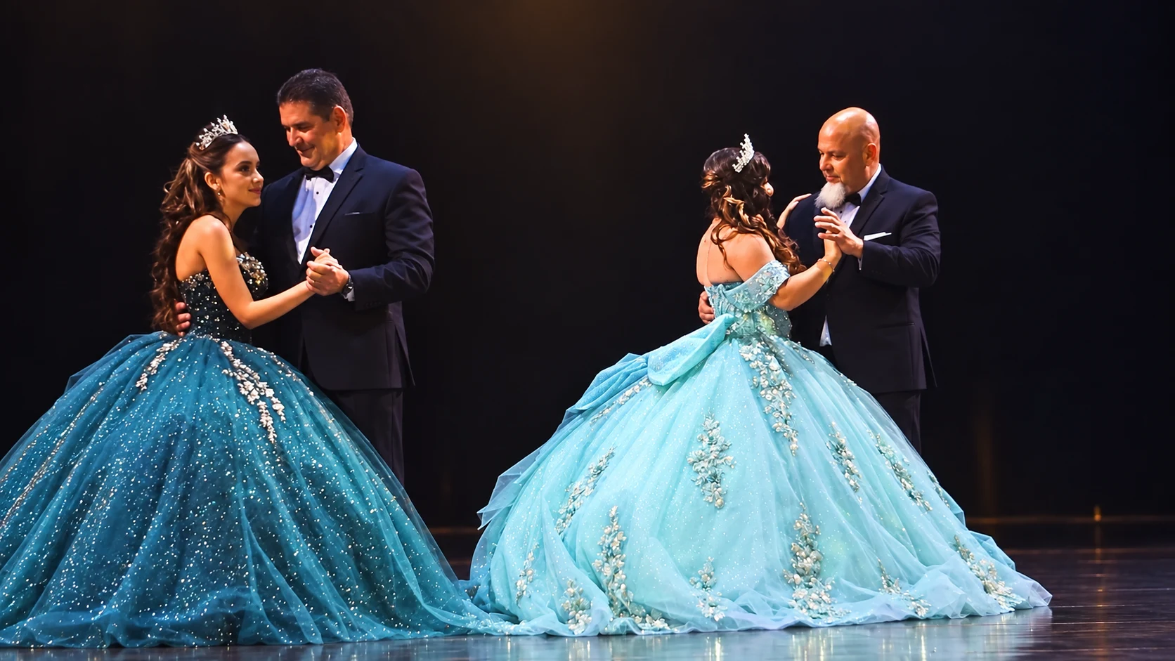 Generatively restored photograph of quinceañeras dancing with their families